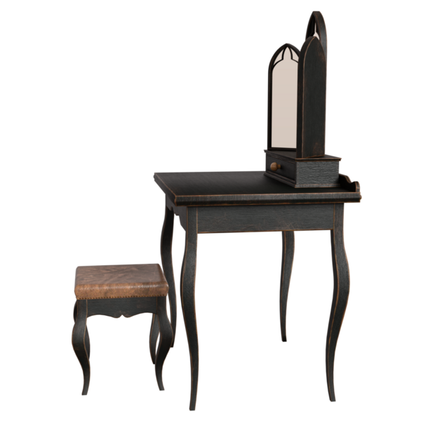 3D Viktorya dönemi makyaj masası ve şeffaf arkaplanda bir ayna var.