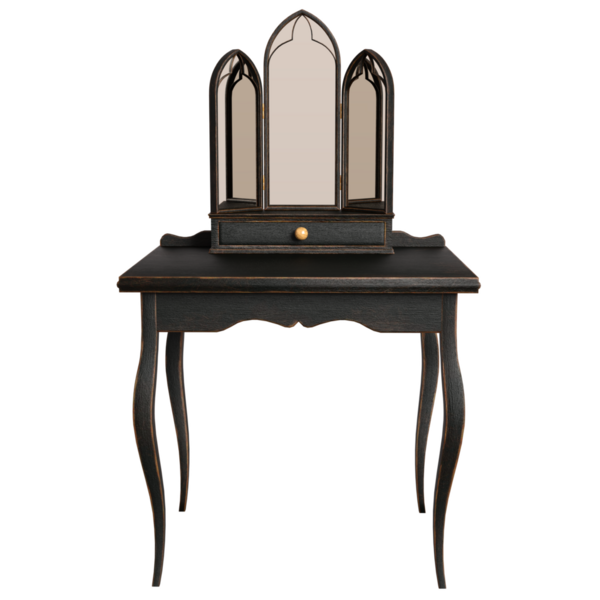 3D Viktorya dönemi makyaj masası ve şeffaf arkaplanda bir ayna var.