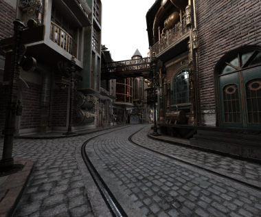 3D oluşturulmuş steampunk şehir manzarası şeffaf arkaplanda izole edildi
