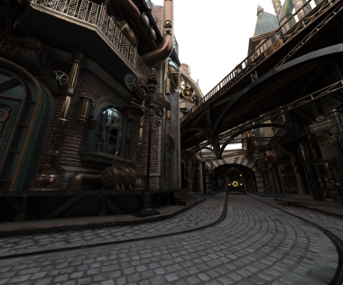 3D oluşturulmuş steampunk şehir manzarası şeffaf arkaplanda izole edildi