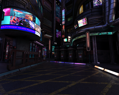 Geceleri neon ışıkları olan 3D siber punk şehri.