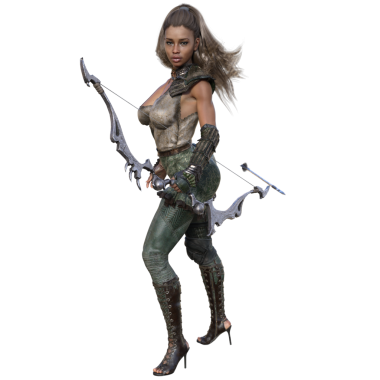 3 boyutlu, saydam arkaplanda demir bir yayı olan fantezi kadın atletik karakter.