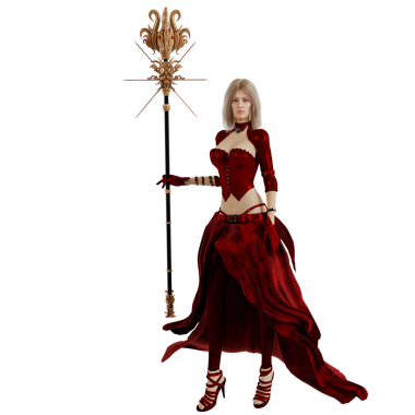 Saydam arka planda izole edilmiş kırmızı fantezi kıyafetli 3 boyutlu bir fantezi kadın karakter.