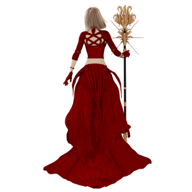 Saydam arka planda izole edilmiş kırmızı fantezi kıyafetli 3 boyutlu bir fantezi kadın karakter.