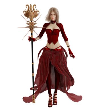 Saydam arka planda izole edilmiş kırmızı fantezi kıyafetli 3 boyutlu bir fantezi kadın karakter.