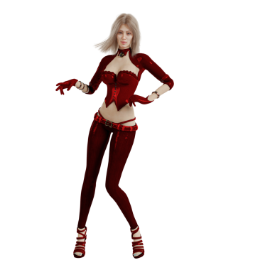 Saydam arka planda izole edilmiş kırmızı fantezi kıyafetli 3 boyutlu bir fantezi kadın karakter.