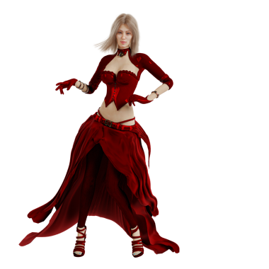 Saydam arka planda izole edilmiş kırmızı fantezi kıyafetli 3 boyutlu bir fantezi kadın karakter.