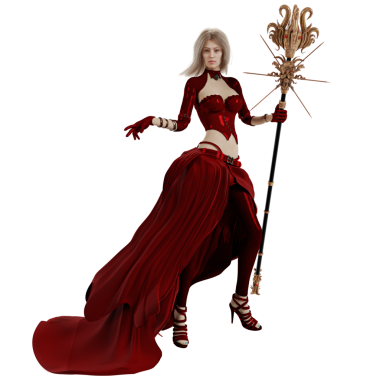 Saydam arka planda izole edilmiş kırmızı fantezi kıyafetli 3 boyutlu bir fantezi kadın karakter.