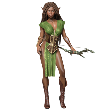 Üç boyutlu, yeşil elbiseli, şeffaf arka planda uzun saçlı, fantezi bir kadın elf.