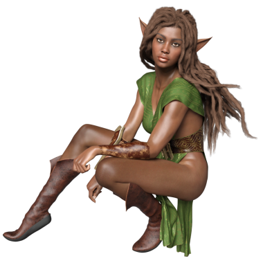 Üç boyutlu, yeşil elbiseli, şeffaf arka planda uzun saçlı, fantezi bir kadın elf.