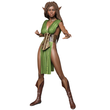 Üç boyutlu, yeşil elbiseli, şeffaf arka planda uzun saçlı, fantezi bir kadın elf.