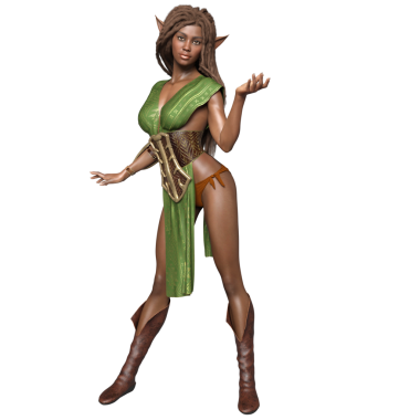 Üç boyutlu, yeşil elbiseli, şeffaf arka planda uzun saçlı, fantezi bir kadın elf.