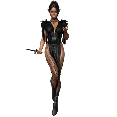 3D, şeffaf arka planda izole edilmiş seksi deri elbisesi olan koyu fantezi kadın elf.