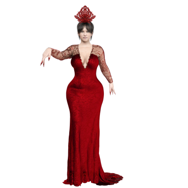 3D, şeffaf arkaplanda izole edilmiş kırmızı uzun elbiseli şehvetli kadın karakter.