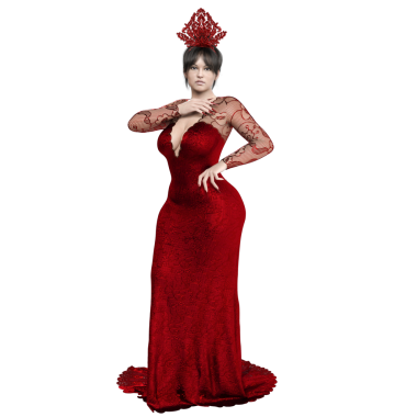 3D, şeffaf arkaplanda izole edilmiş kırmızı uzun elbiseli şehvetli kadın karakter.