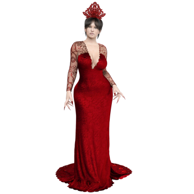 3D, şeffaf arkaplanda izole edilmiş kırmızı uzun elbiseli şehvetli kadın karakter.