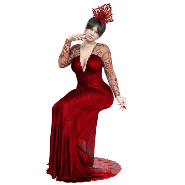 3D, şeffaf arkaplanda izole edilmiş kırmızı uzun elbiseli şehvetli kadın karakter.