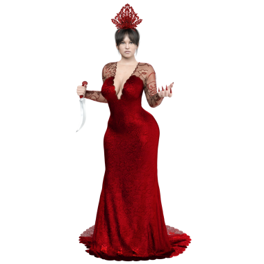 3D, şeffaf arkaplanda izole edilmiş kırmızı uzun elbiseli şehvetli kadın karakter.