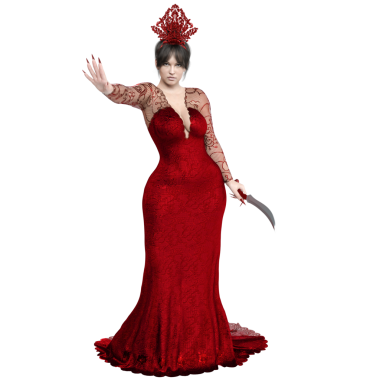 3D, şeffaf arkaplanda izole edilmiş kırmızı uzun elbiseli şehvetli kadın karakter.