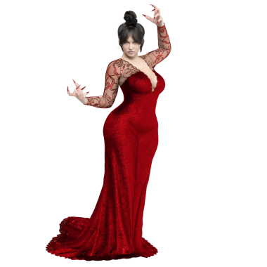 3D, şeffaf arkaplanda izole edilmiş kırmızı uzun elbiseli şehvetli kadın karakter.