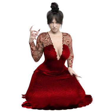 3D, şeffaf arkaplanda izole edilmiş kırmızı uzun elbiseli şehvetli kadın karakter.