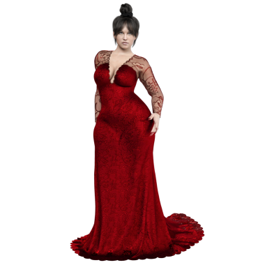 3D, şeffaf arkaplanda izole edilmiş kırmızı uzun elbiseli şehvetli kadın karakter.