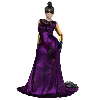 Üç boyutlu, mor uzun elbiseli ve şeffaf arka planda izole edilmiş bir maskeli fantezi kadın karakteri.