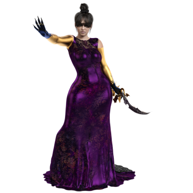Üç boyutlu, mor uzun elbiseli ve şeffaf arka planda izole edilmiş bir maskeli fantezi kadın karakteri.