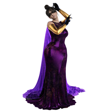 Üç boyutlu, mor uzun elbiseli ve şeffaf arka planda izole edilmiş bir maskeli fantezi kadın karakteri.