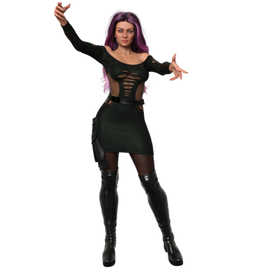 3D, siyah çizmeleri ve şeffaf bir arkaplanda izole edilmiş kısa elbisesi olan şehir fantezi kadın karakteri.