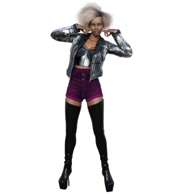 Deri çizmeli, deri ceketli, şeffaf arkaplanlı 3 boyutlu Afro-Amerikan kadın.