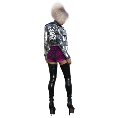 Deri çizmeli, deri ceketli, şeffaf arkaplanlı 3 boyutlu Afro-Amerikan kadın.