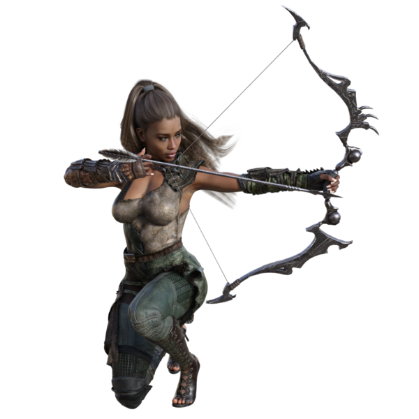 3 boyutlu, saydam arkaplanda demir bir yayı olan fantezi kadın atletik karakter.