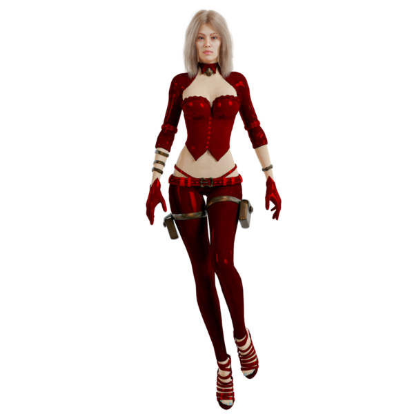 Saydam arka planda izole edilmiş kırmızı fantezi kıyafetli 3 boyutlu bir fantezi kadın karakter.