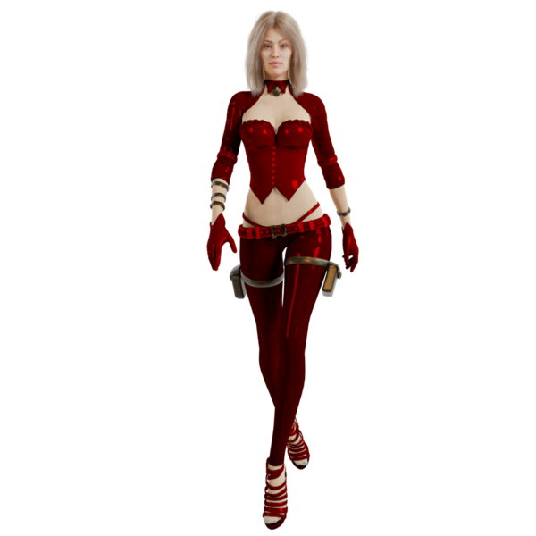 Saydam arka planda izole edilmiş kırmızı fantezi kıyafetli 3 boyutlu bir fantezi kadın karakter.
