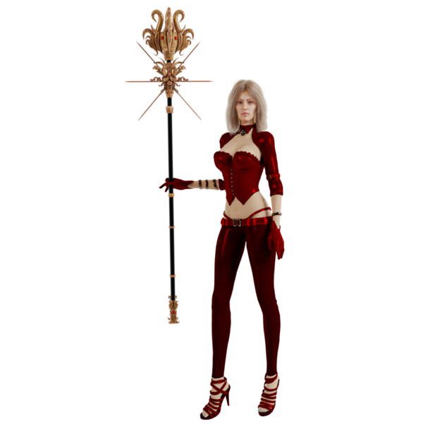 Saydam arka planda izole edilmiş kırmızı fantezi kıyafetli 3 boyutlu bir fantezi kadın karakter.