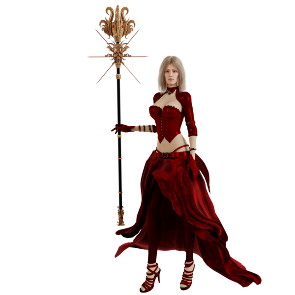 Saydam arka planda izole edilmiş kırmızı fantezi kıyafetli 3 boyutlu bir fantezi kadın karakter.