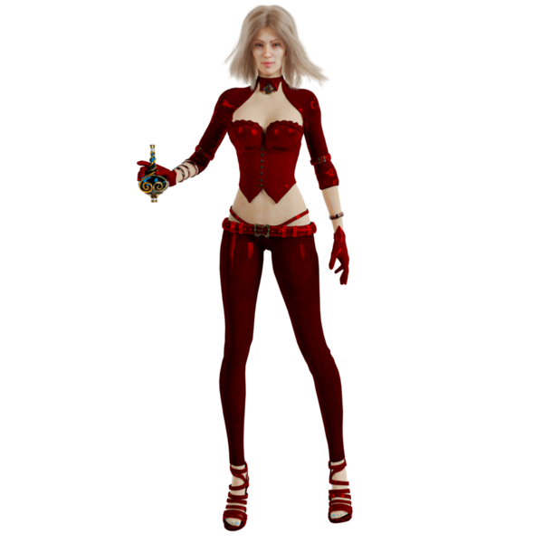 Saydam arka planda izole edilmiş kırmızı fantezi kıyafetli 3 boyutlu bir fantezi kadın karakter.