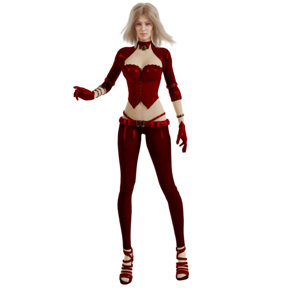 Saydam arka planda izole edilmiş kırmızı fantezi kıyafetli 3 boyutlu bir fantezi kadın karakter.