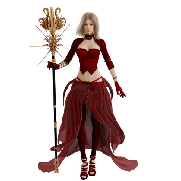 Saydam arka planda izole edilmiş kırmızı fantezi kıyafetli 3 boyutlu bir fantezi kadın karakter.