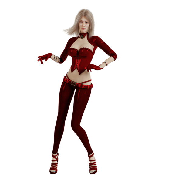 Saydam arka planda izole edilmiş kırmızı fantezi kıyafetli 3 boyutlu bir fantezi kadın karakter.