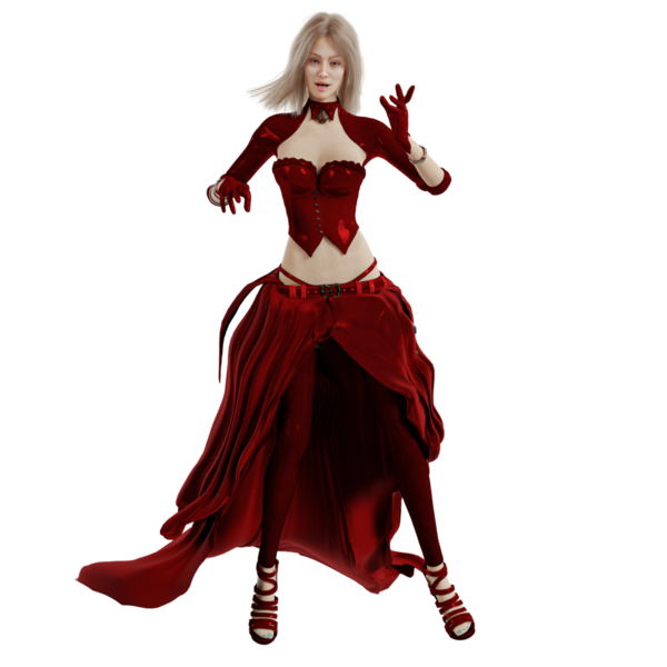 Saydam arka planda izole edilmiş kırmızı fantezi kıyafetli 3 boyutlu bir fantezi kadın karakter.