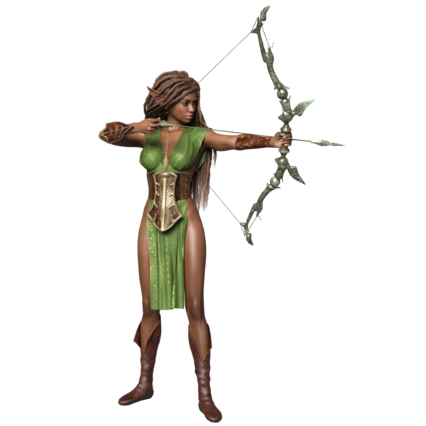 Üç boyutlu, yeşil elbiseli, şeffaf arka planda uzun saçlı, fantezi bir kadın elf.