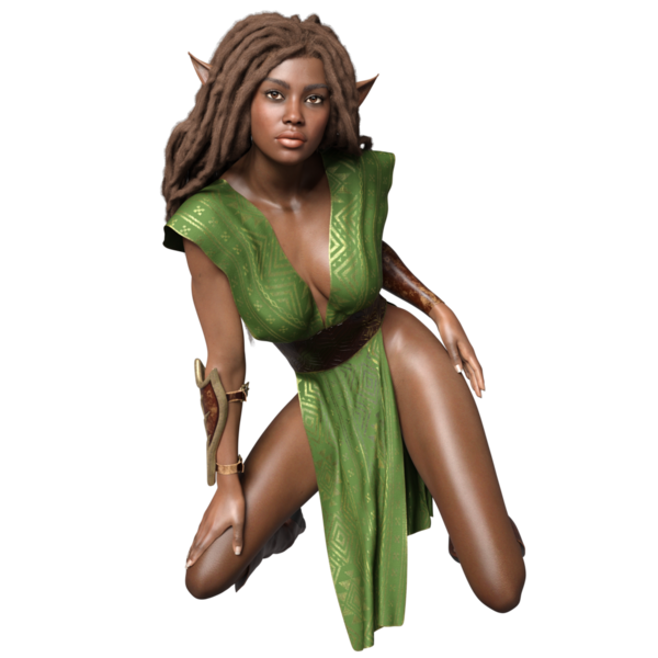 Üç boyutlu, yeşil elbiseli, şeffaf arka planda uzun saçlı, fantezi bir kadın elf.