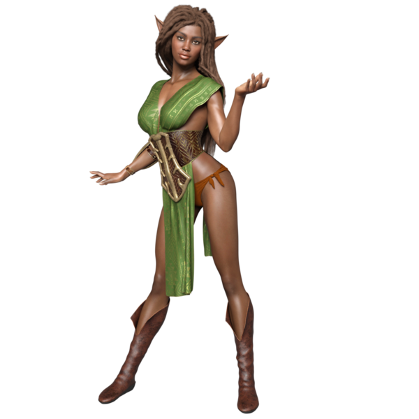 Üç boyutlu, yeşil elbiseli, şeffaf arka planda uzun saçlı, fantezi bir kadın elf.