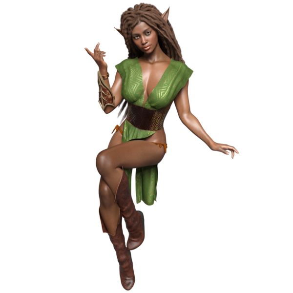 Üç boyutlu, yeşil elbiseli, şeffaf arka planda uzun saçlı, fantezi bir kadın elf.
