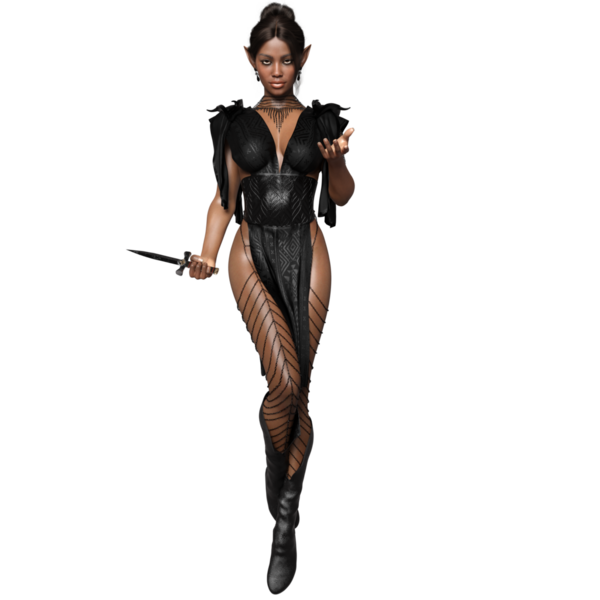 3D, şeffaf arka planda izole edilmiş seksi deri elbisesi olan koyu fantezi kadın elf.