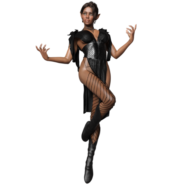 3D, şeffaf arka planda izole edilmiş seksi deri elbisesi olan koyu fantezi kadın elf.