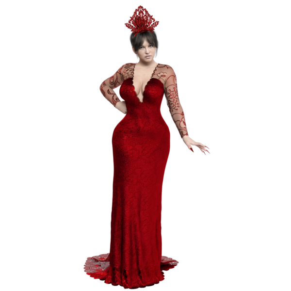 3D, şeffaf arkaplanda izole edilmiş kırmızı uzun elbiseli şehvetli kadın karakter.