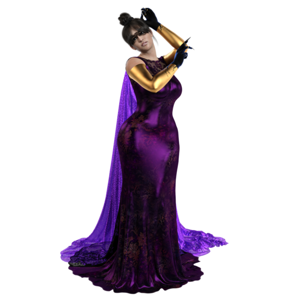 Üç boyutlu, mor uzun elbiseli ve şeffaf arka planda izole edilmiş bir maskeli fantezi kadın karakteri.
